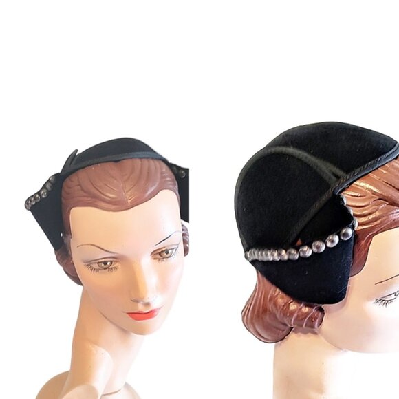 1930s True Vintage Black Cloche Style Felt Hat With Metal Studded Accents Deco main image 5